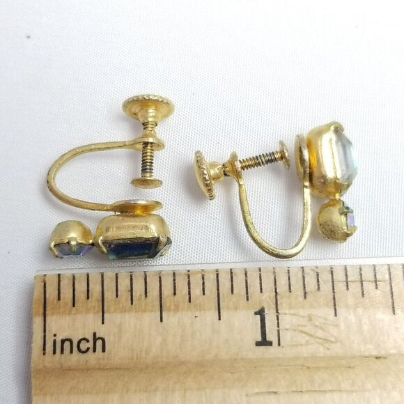 Vintage Rainbow Rhinestone Clip On Earrings, Clip On Screw Back, Rectangle Shape - Picture 4 of 6